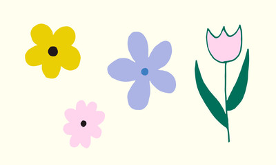 set of simple summer flowers drawings. abstract flower illustration. hand drawn vector art. color illustration