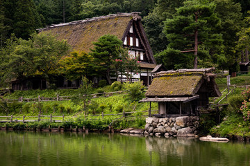 Fototapeta na wymiar Gassho-Zukuri style houses in an ancient Japanese village near Takayama, Japan.