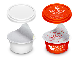 Vector labeled round plastic container with opened foil seal and lid. Packaging template illustration isolated on white background.