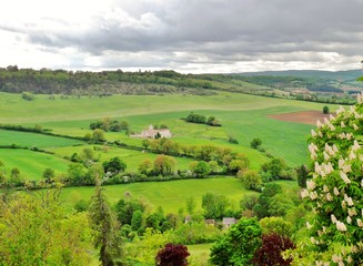 Fototapeta na wymiar Fotografía de una típica estampa de la idílica región de la Dordogna francesa con diferentes tonos de color verde con arboles que bordean los los senderos