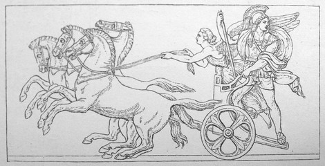 Quadriga of horses with a chariot in the old book Meyers Lexicon, vol. 2, 1897, Leipzig