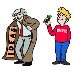 A businessman hides an idea from his customer. dealer, comic, secret.