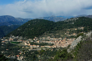 Fototapeta na wymiar Village of Peille in the French department Alpes Maritimes view from the heights