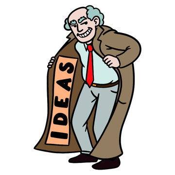 a businessman with parker hides an idea like a dealer under his jacket. comic, vector illustration.