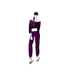 Hand-drawn digital illustration of a girl in a fashionable tracksuit in purple.