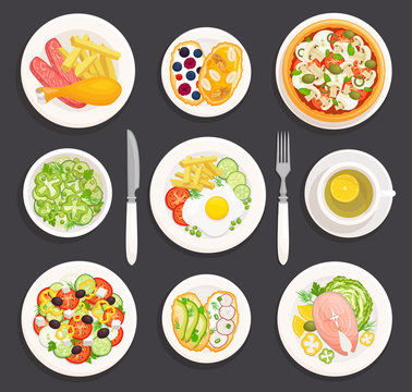 Set of various dishes top view. Plates with food in cartoon style. Food to choose from for breakfast, lunch and dinner. Ready-made table. Vector illustration. Flat lay.