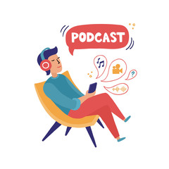 Young man is listening to a podcast with headphones while sitting in a chair. Podcast concept illustration. Online podcast vector illustration, people learning on podcast. Man listening to podcast