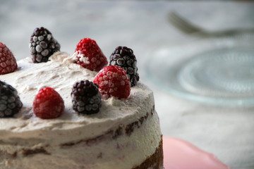 Close up of a sponge cake filled with whipped cream and berries sauce topped with raspberries and blackberries as decoration on a pale pink plate. Naked cake concept