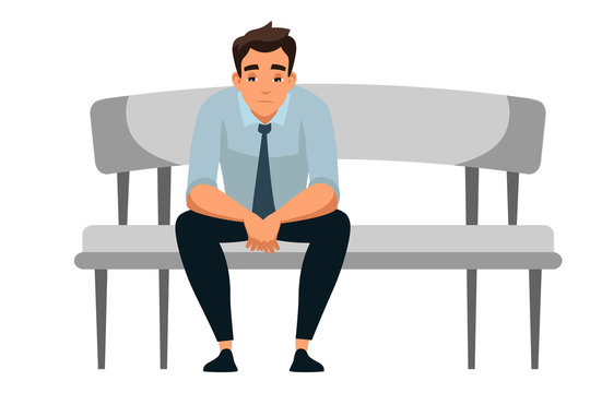 Vector character illustration sad man sits at sofa alone