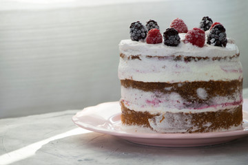 Side view of a sponge cake filled with whipped cream and berries sauce topped with raspberries and blackberries on a pink plate. Naked cake concept