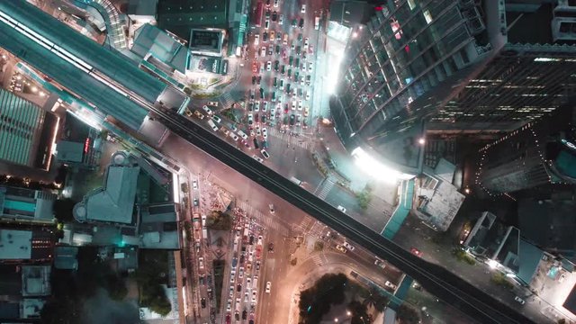 Aerial view of Asoke intersection and sky train station in Bangkok Thailand
