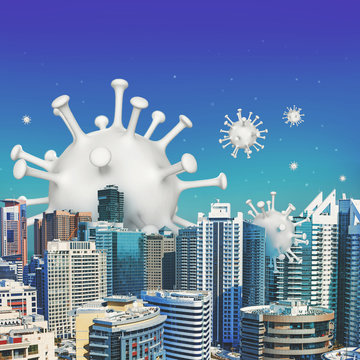 Dubai City Scape With 3d Illustration Of Covid-19 Moleculas In The Air