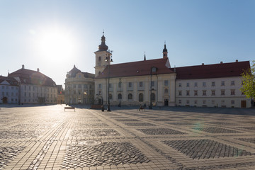 Great Square in Sibiu - Catholic Church and City Hall seen on a beautiful spring afternoon. - 345103542