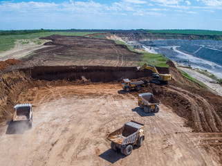 Big quarry, stone mining, equipment for working in quarries, aerial view.