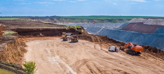 Big quarry, stone mining, equipment for working in quarries, aerial view.