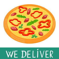 Ordering food online from pizzeria. Food delivery service of restaurant. Vector illustration of pizza isolated on white background. 