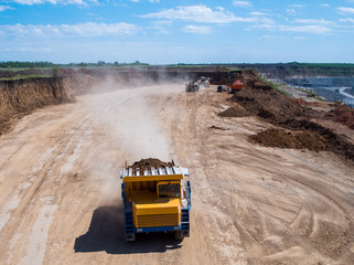 Mining truck, special equipment for working in quarries, aerial view