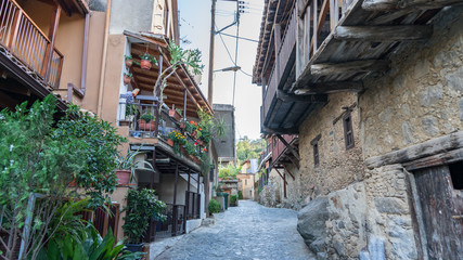 Old hauses and narrow streets of Kakopetria village in Cyprus.