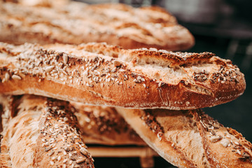 Freshly baked french baguette at the bakery