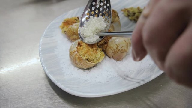 Cooked snails serving on a plate with salt and garnier. Delicious baked Escargots in luxury restaurant