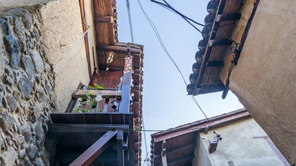 Old hauses and narrow streets of Kakopetria village in Cyprus.