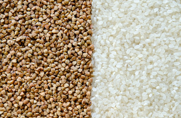 Buckwheat and rice on the table. Cook at home.

