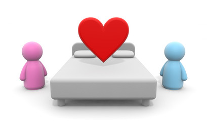 Heart symbol on the bed. Men and women in the bedroom. Red heart. 3D rendering