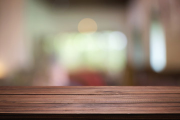 Desk space and blurred of restaurant background. for product display montage. business presentation.