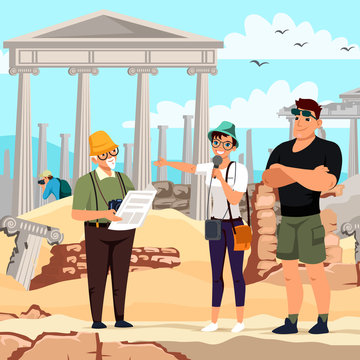 Vector character illustration group tourists sightseeing Greece