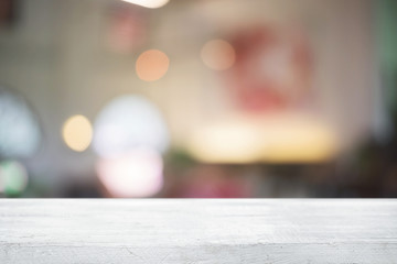 Desk space and blurry background of restaurant for product display montage.