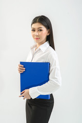Office girl, company staff holding files and checking work from files on white background. Business, online trading, presenter concept.