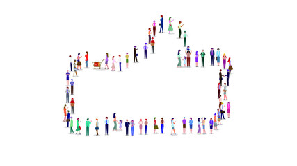 A large group of people in the shape of thumbs up. Like symbol. Vector illustration. Isolated, white background.