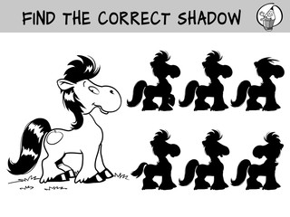 Cute little pony. Find the correct shadow. Educational matching game for children. Black and white cartoon vector illustration
