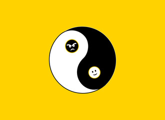 yin yang smiley logo in yellow background happy and angry emojis