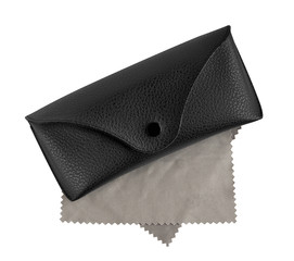 Glasses Box with cleaning cloth. Black color leather glasses box on isolated white background..