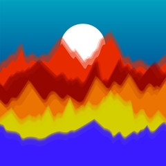 Vector colorful landscape with silhouettes of mountains and sun. Abstract nature background. Vector illustration