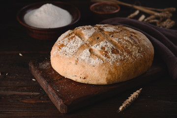 Home-made bread from coarse flour with flax seeds