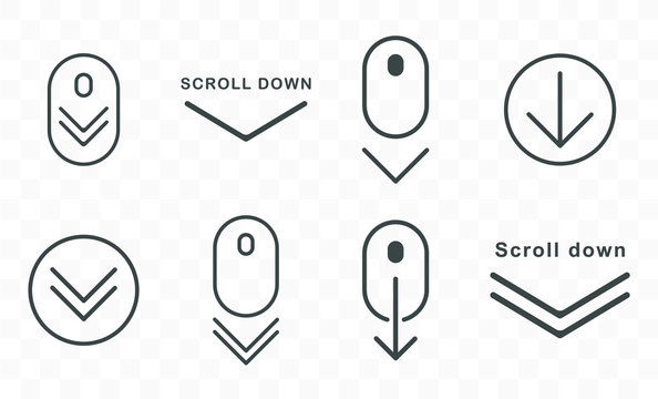 Scroll down icon shape set. Scrolling mouse symbol for web or app design. Isolated on transparent background. Trend line design sign. Vector illustration.