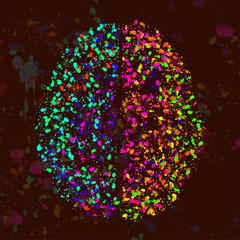 Abstract human brain of colorful ink splashes, grunge splatters. Vector illustration