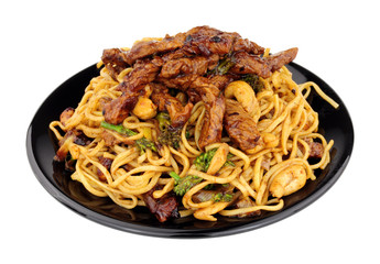 Beef in black bean sauce with egg noodles and cashew nuts meal isolated on a white background