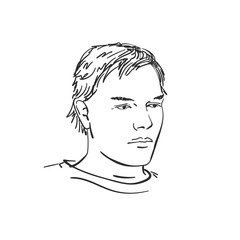 Portrait of young thinking man, with shaggy hair and with tired look, Hand drawn vector sketch