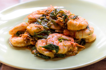 Food background, menu (spicy stir-fried shrimp) appetizing colors with steamed rice, delicious taste