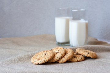 baked cookies with chocolate chips  and glass of milk