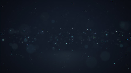 Dark blue abstract background with particles and bokeh.