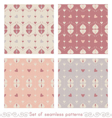 Set of seamless patterns with hearts and little hearts. Color orange, grey, red and cream ivory. Pastel colors. Vector.	