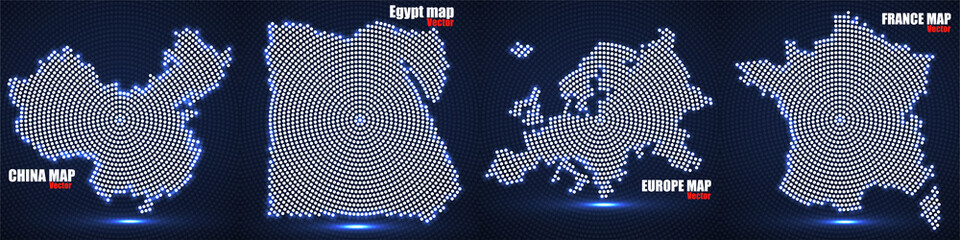 Set map of glowing radial dots China, Egypt, Europe and France. Vector illustration - obrazy, fototapety, plakaty