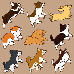 Set of outlined dogs jumping and running illustrations