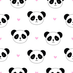 Seamless pattern cute panda face with small heart icons used for fabric, textile, vector illustration