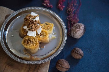 Homemade Turkish Dessert  Baklawa with Pistachio Powder.
