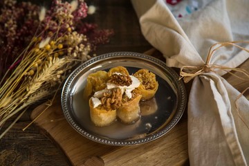 Homemade Turkish Dessert  Baklawa with Pistachio Powder.
